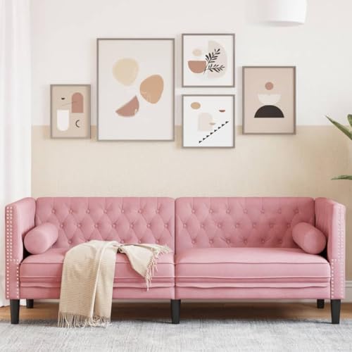 Willood Chesterfield-Sofa mit Nackenrollen 3-Sitzer Loungesofa Designsofa für Wohnzimmer, Couch Wohnzimmersofa Rosa Samt von Willood