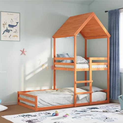 Willood Etagenbett, Hochbett mit Dach Leiter Sperrholzlatten Stockbett für Schlafzimmer, Bett Holzbett Einzelbett mit Dach Wachsbraun 90x190 cm Massivholz Kiefer von Willood