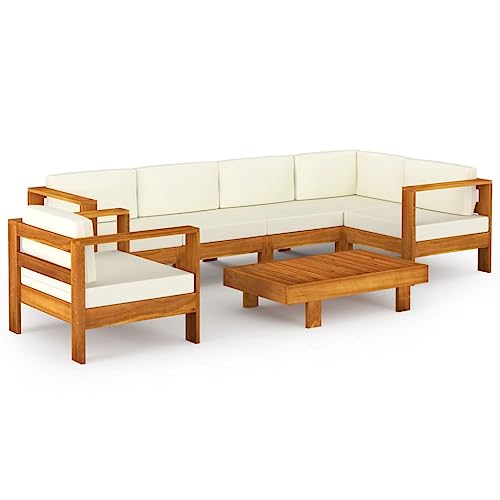 Willood Gartenmöbel 7 TLG. Garten Lounge Set mit Creme Auflagen Massivholz Akazie Eckteil + 4X Mittelteil + Sessel + Tisch von Willood