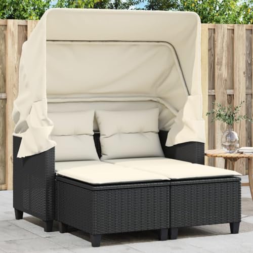 Willood Gartensofa 2-Sitzer mit Dach und Hockern Cremeweiß und Schwarz Poly Rattan Outdoor Sofa Gartenmöbel, Garten Lounge Set Terrasse, Terrassenmöbel Zweisitzer,mit Vordach von Willood