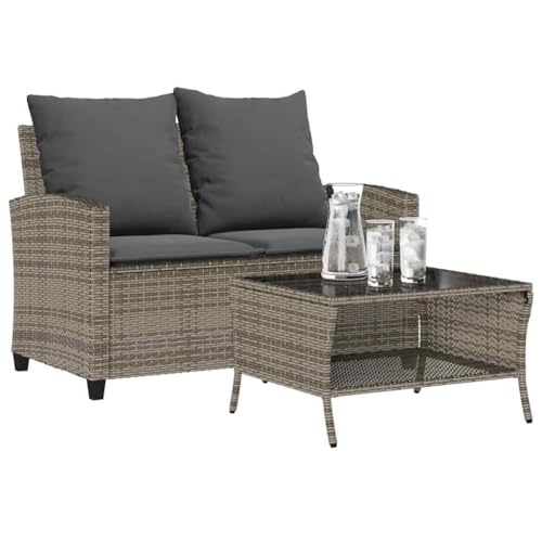 Willood Gartensofa 2-Sitzer mit Kissen Tisch Grau Poly Rattan Grau Outdoorsofa von Willood