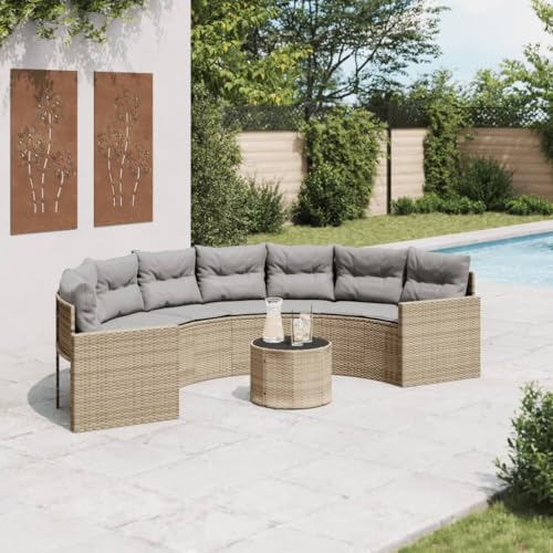 Willood Gartensofa mit Tisch und Kissen Halbrund Beige Poly-Rattan Halbrund Glas Couchtisch3034095de von Willood
