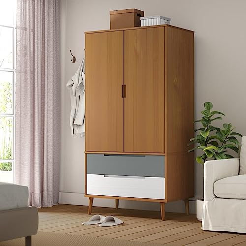 Willood Kleiderschrank MOLDE Braun 90x55x175 cm Massivholz Kiefer Garderobenschrank Schrank Hochschrank Schlafzimmerschrank Holzschrank Schubladen von Willood
