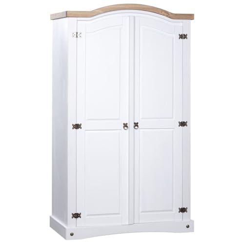 Willood Kleiderschrank Drehtürenschrank Garderobenschrank Schlafzimmerschrank Dielenschrank Holzschrank Mexiko-Stil Kiefernholz 2 Türen Weiß von Willood