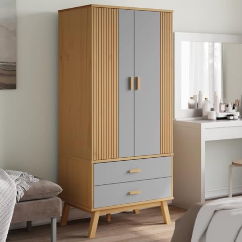 Willood Kleiderschrank Olden Grau Braun 76 5x53x172cm Massivholz Kiefer Kleiderschrank für das Schlafzimmer mit Flügeltüren und Zwei großen Schubladen Willood Kleiderschrank Olden Grau Braun 76 5x53x172cm Massivholz Kiefer Kleiderschrank für das Schlafzimmer mit Flügeltüren und Zwei großen Schubladen von Willood