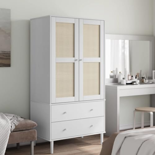Willood Kleiderschrank SENJA Rattan-Optik Weiß 90x55x175 cm Kiefernholz Flurschrank Garderobenschrank mit 2 Schubladen 4 Fächern, Garderobe Mehrzweckschrank mit Rattan-Optik, Schrank von Willood