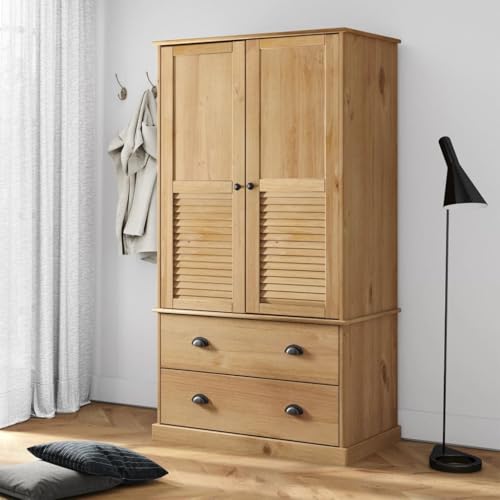 Willood Kleiderschrank VIGO 90x55x176 cm Massivholz Kiefer Garderobenschrank mit Kleiderstange, Schlafzimmerschrank Schrank mit 2 Schubladen, Holzschrank Flurschrank von Willood