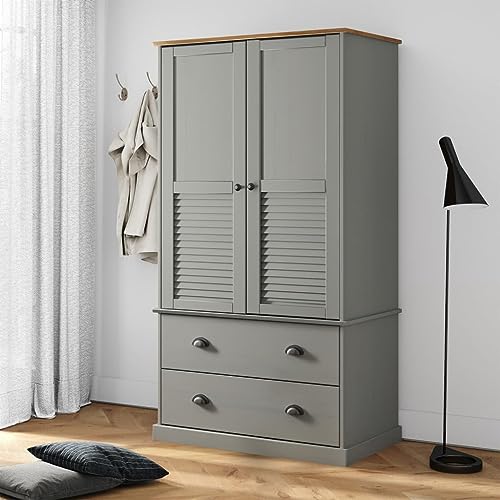 Willood Kleiderschrank VIGO Grau 90x55x176 cm Massivholz Kiefer Garderobenschrank mit Kleiderstange, Schlafzimmerschrank Schrank mit 2 Schubladen, Holzschrank Flurschrank von Willood