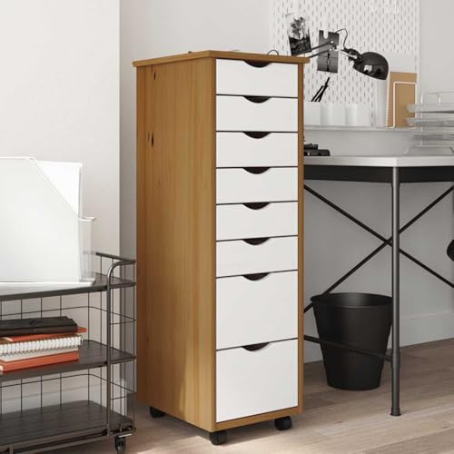 Willood Rollschrank mit 8 Schubladen Kommode Schubladenschrank mit Rollen Massivholz Kiefer Büroschrank Aktenschrank Schrank Honigbraun und Weiß 34 x 39 x 103 cm von Willood