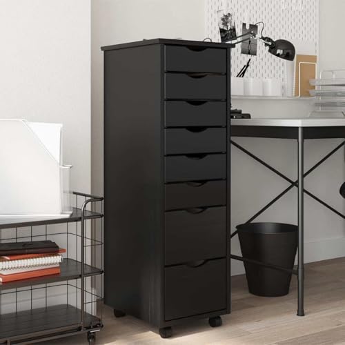 Willood Rollschrank mit 8 Schubladen Kommode Schubladenschrank mit Rollen Massivholz Kiefer Büroschrank Aktenschrank Schrank Schwarz 34 x 39 x 103 cm von Willood