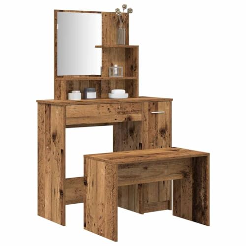Willood Schminktisch-Set Holzwerkstoff, Frisiertisch-Set, Schminktisch, Frisiertisch mit Spiegel, Frisiertisch, Schlafzimmer-Frisiertisch Altholz-Optik Holzwerkstoff von Willood