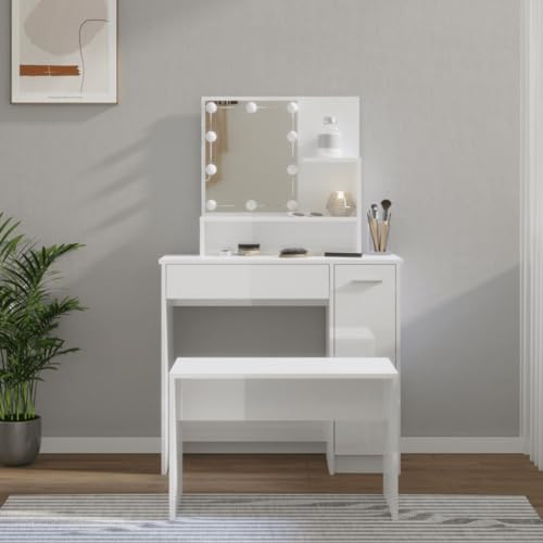 Willood Schminktisch-Set mit LED Hochglanz-Weiß Holzwerkstoff Frisiertisch Kommode Frisierkommode Kosmetiktisch Hocker Spiegel Schminkhocker Schlafzimmer von Willood