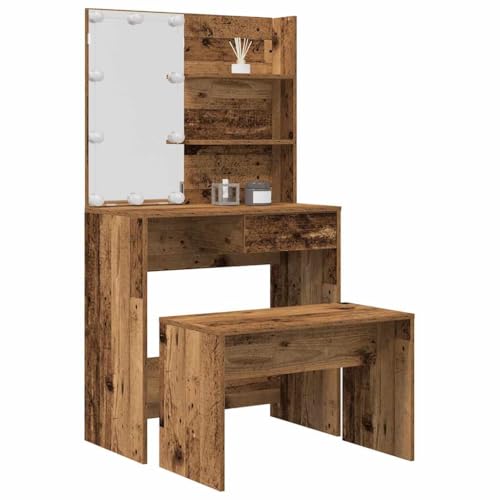 Willood Schminktisch-Set mit LED-Leuchten Altholz-Optik Holzwerkstoff Frisiertisch Kommode Frisierkommode Kosmetiktisch Hocker Spiegel Schminkhocker von Willood