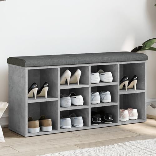 Willood Schuhbank Betongrau 102x32x50cm Schuhregal mit Stauraum, Sitzbank Bank mit gepolstertem Sitzkissen, Schuhschrank Schuhablage für Wohnzimmer Flur Holzwerkstoff von Willood