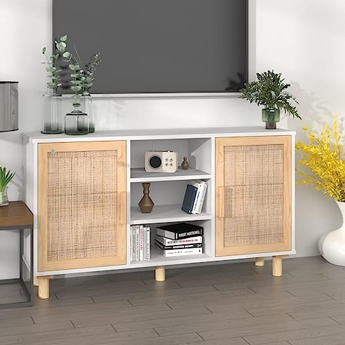 Willood Sideboard Weiß 105x30x60 cm Massivholz Kiefer und Natur-Rattan von Willood