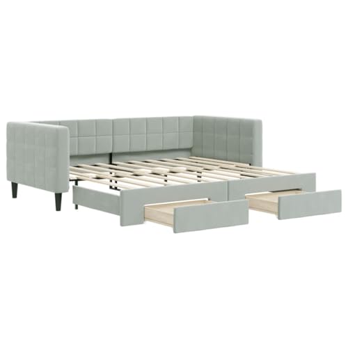 Willood Tagesbett Ausziehbar mit Schubladen Gästebett 2-in-1 Sofabett Schlafsofa für Schlafzimmer Wohnzimmer Bettsofa Sofa Hellgrau 90x190 cm Samt von Willood