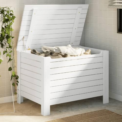 Willood Truhe mit Deckel RANA Weiß 80x49x54 cm Massivholz Kiefer Horizontale Streifen Latten-Design, Holztruhe für Wohnzimmer Schlafzimmer, Auflagenbox Kissenbox von Willood