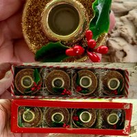 Vintage Holt Howard Kerzenständer Retro 1950 1960 Gold Glitzer Wachs Stechpalme Rote Beeren Japan Kitsch Mcm Rare Set 4 Iob von WillowBloom