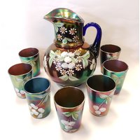 Vintage Fasching Glas Krug Und 7 Tassen Handbemalt Kirschblüten Muster von WillowPointeAntiques