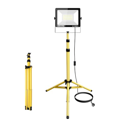 LED Baustrahler Arbeitsstrahler mit Stativ 100W Willpower LED Strahler 10000lm LED Fluter Scheinwerfer Teleskopisch Tripod-Ständer Baulampe IP66 LED Arbeitsleuchte 5M Kabel für Werkstatt Garage Garten von Willpower