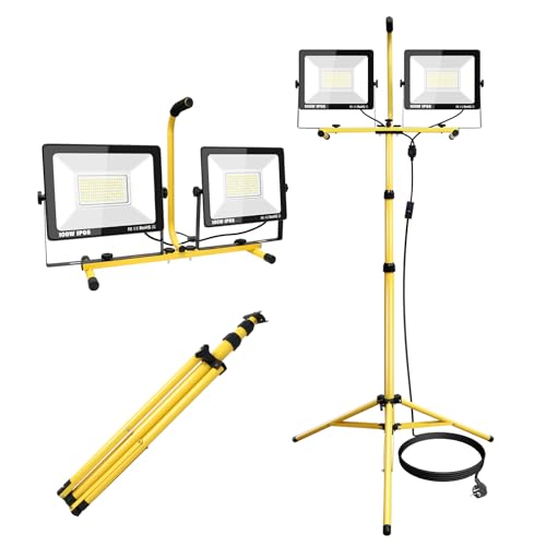 LED Baustrahler Arbeitsstrahler mit Stativ 2x100W, Willpower LED Strahler 20000lm LED Fluter Scheinwerfer Teleskopisch Tripod-Ständer Baulampe Wasserdicht LED Arbeitsleuchte 5M Kabel für Werkstatt von Willpower