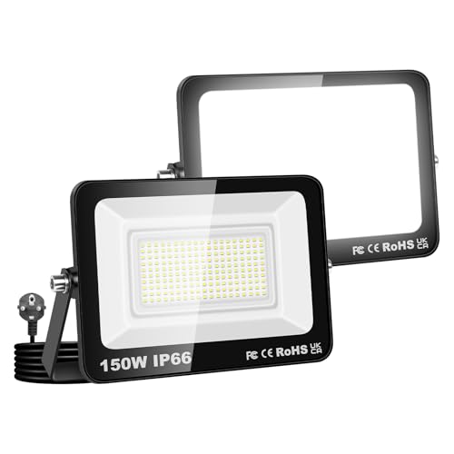 Willpower 2PCS LED Strahler Außen mit Stecker, LED Scheinwerfer 150W 15000LM Außenstrahler 6000K KaltWeiß Fluter Flutlicht Aussenlampe für Garten Garage Hinterhof Innen, IP66 Wasserdicht von Willpower
