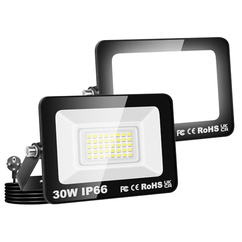 Willpower 2PCS LED Strahler Außen mit Stecker, LED Scheinwerfer 30W 3000LM Außenstrahler 6000K KaltWeiß Fluter Flutlicht Aussenlampe für Garten Garage Hinterhof Innen, IP66 Wasserdicht von Willpower