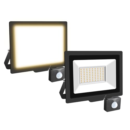 Willpower 2pcs 50W 5000LM LED Strahler Außen mit Bewegungsmelder LED Scheinwerfer 3500K Warmweiß IP66 Wasserdicht LED Außenstrahler Fluter Flutlicht für Garage Flur Garten Innenhöfe Hotel Sportplatz von Willpower