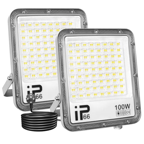 Willpower 2pcs LED Strahler Außen mit Stecker, LED Scheinwerfer 100W 10000LM Außenstrahler 6000K Kaltweiß Fluter Flutlicht Aussenlampe für Garten Garage Hinterhof, IP66 Wasserdicht von Willpower