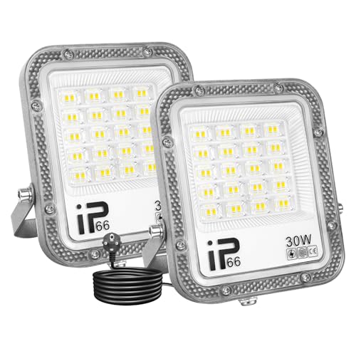 Willpower 2pcs LED Strahler Außen mit Stecker, LED Scheinwerfer 30W 3000LM Außenstrahler 6000K Kaltweiß Fluter Flutlicht Aussenlampe für Garten Garage Hinterhof, IP66 Wasserdicht von Willpower
