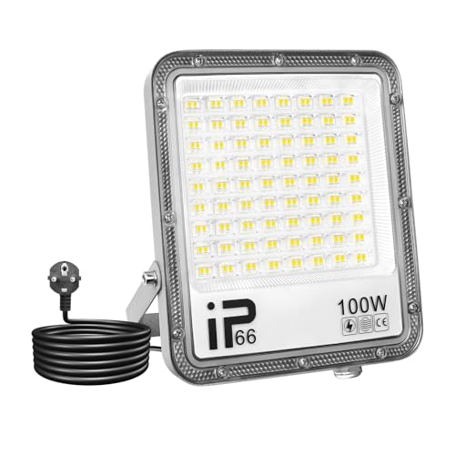 Willpower LED Strahler Außen mit Stecker, 100W 10000LM LED Außenstrahler 6000K Kaltweiß Fluter Flutlicht Aussenlampe für Garten Garage Flur Innenhöfe Hinterhof, IP66 Wasserdicht von Willpower