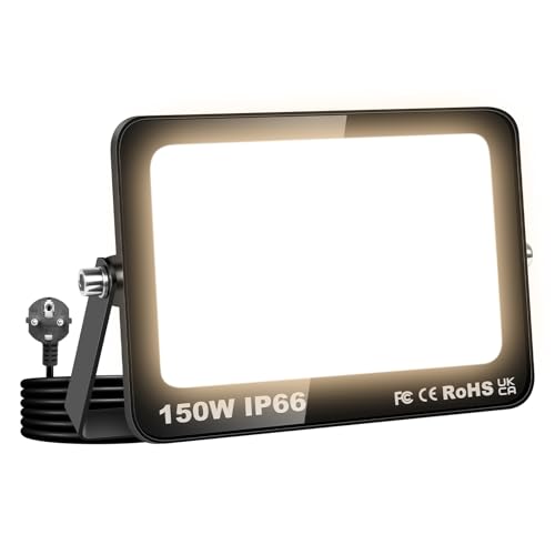 Willpower LED Strahler Außen mit Stecker, LED Scheinwerfer 150W 15000LM Außenstrahler 3000K Warm Weiß Fluter Flutlicht Aussenlampe für Garten Garage Hinterhof Innen, IP66 Wasserdicht von Willpower