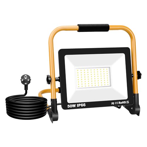 Willpower Tragbar LED Baustrahler 50W 5000LM LED Arbeitsstrahler mit Stecker Klappbügel LED Scheinwerfer 6000K Weiß IP66 Wasserdicht LED Strahler Fluter für Werkstatt Baustelle Garage Baustellen… von Willpower