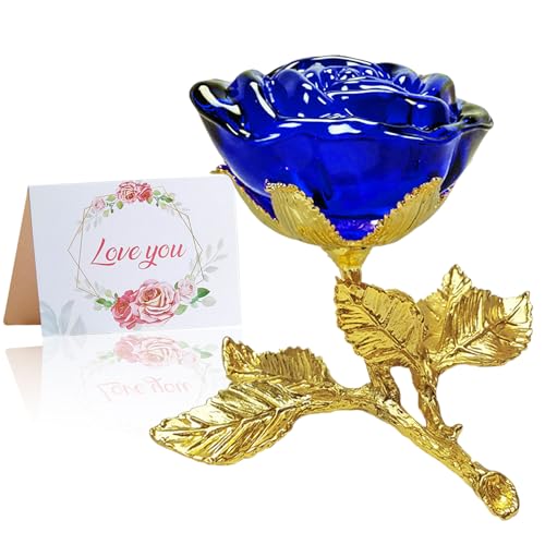 Willuck Rosenfigur aus blauem Kristall, Rose aus Kristallglas mit Grußkarte, 3D Rose, Geschenk für Sie, ewige Blume für Damen, für Geburtstag, Muttertag, Hochzeit, Valentinstag, Weihnachten von Willuck