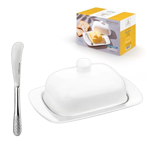 Wilmax Butterdose Weiß + 1 silbernes Messer - Butterschale aus Keramik - Für alle Geschirre, Alltag, Partys - Zum Servieren und Aufbewahren von Butter - Spülmaschinenfest - Porzellan von Wilmax England