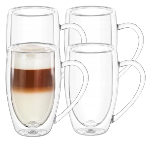 Wilmax | Doppelwandige Thermogläser mit Henkel | 4er-Set | 500 ml | Latte Macchiato Gläser Set | Cappuccino Gläser mit Henkel | Kaffeegläser | Teegläser | Trinkgläser | Thermotassen von Wilmax England