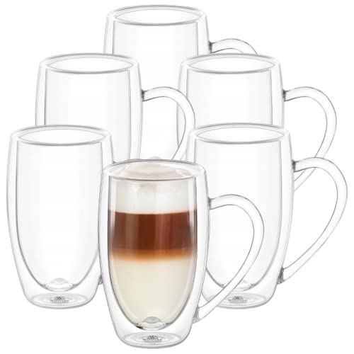 Wilmax | Doppelwandige Thermogläser mit Henkel | 6er-Set | 500 ml | Latte Macchiato Gläser Set | Cappuccino Gläser mit Henkel | Kaffeegläser | Teegläser | Trinkgläser | Thermotassen von Wilmax England
