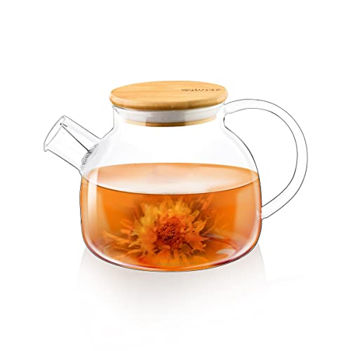 Wilmax | Glas Teekanne mit Sieb | 950ml |Teesieb für losen Tee | Glasteekanne mit Bambus-Deckel | Kanne für Teeblumen | Teapot | Für Heiß- und Kaltgetränke | Spülmaschinenfest | Geschenkset von Wilmax England