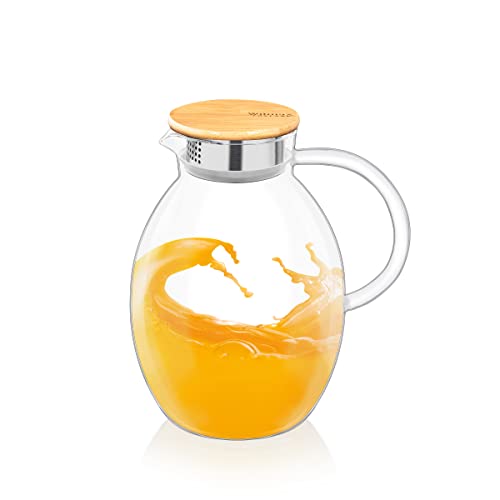 Wilmax | Glaskaraffe mit Bambusdeckel | 2400ml | Karaffe für Heiß- oder Kaltgetränke | Wasserkaraffe aus Borosilikatglas | Glaskrug für Tee, Saft, Milch | Glaskanne | Wasserkrug von Wilmax England