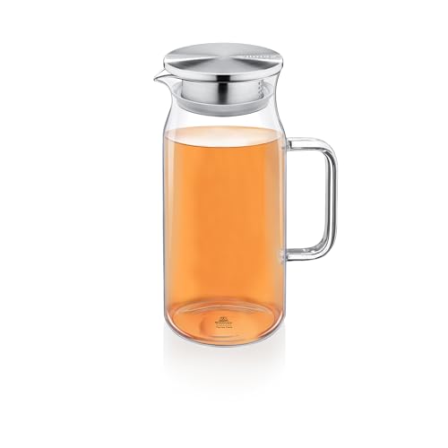 Wilmax | Glaskaraffe mit Deckel aus Edelstahl | 1000ml | Karaffe für Heiß- oder Kaltgetränke | Wasserkaraffe aus Borosilikatglas | Glaskrug für Tee, Saft, Milch | Glaskanne | Wasserkrug von Wilmax England
