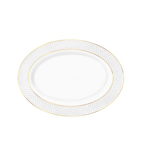 Wilmax - Ovaler Teller mit Goldmuster - 1 Stück - 35x25cm - Weißer Essteller aus Porzellan - Speiseteller - Spülmaschinenfest - Kuchenteller - Verpackt in eleganter Geschenkbox von Wilmax England