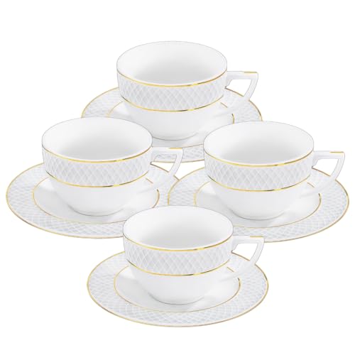 Wilmax - Tassen mit Untertassen - Goldmuster - 4er-Set - 240 ml - Kaffeetassen aus Porzellan - Weiß - Geschirrset für 4 Personen - Tassenset für Kaffee, Tee, Desserts - Kaffeeservice von Wilmax England