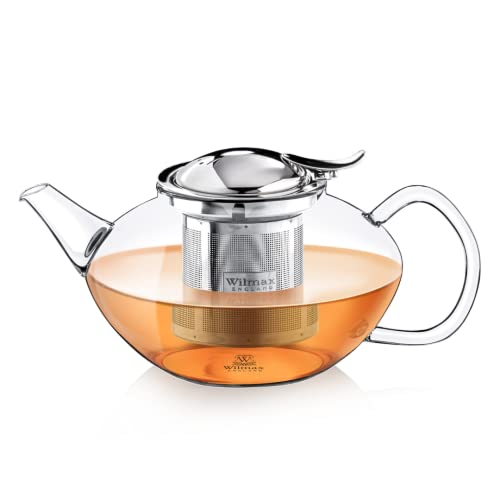 Wilmax | Teekanne Glas mit Siebeinsatz | Teapot | 1050 ml | Glaskanne für Teeblumen | Teezubereiter für losen Tee | Kanne mit Edelstahl-Deckel | Spülmaschinenfest | Tropffrei | Geschenkenset von Wilmax England