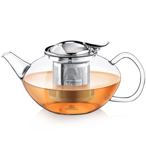 Wilmax | Teekanne Glas mit Siebeinsatz | Teapot | 1550 ml | Glaskanne für Teeblumen | Teezubereiter für losen Tee | Kanne mit Edelstahl-Deckel | Spülmaschinenfest | Tropffrei | Geschenkenset von Wilmax England