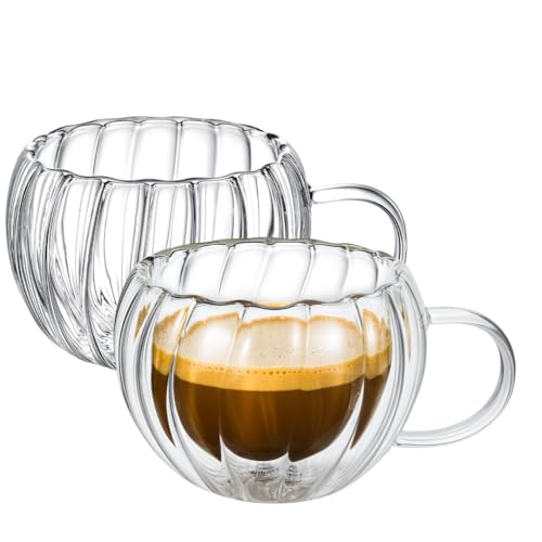 Wilmax - Thermogläser mit Henkel geriffelt - 2er-Set - 300 ml - Doppelwandige Kaffeegläser - Latte Macchiato Gläser Set - Cappuccino Gläser mit Henkel - Teegläser - Trinkgläser - Thermotasse von Wilmax England