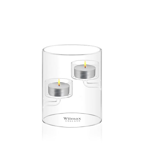 Wilmax Thermoglas-Kronleuchter - Kerzenständer für 2 Teelicht - Durchsichtig Kerzenständer Kerzen Vase - Tischdekoration Windlicht Outdoor Glasvase Kerzengläser Hochwertig von Wilmax England