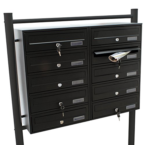 Wiltec 10er Briefkastenanlage schwarz 270 x 898 x 1500 mm, Standbriefkasten mit 2x5 Fächern, Schlüssel und Namensschild, Briefkasten Postkasten mit Ständer von Wiltec
