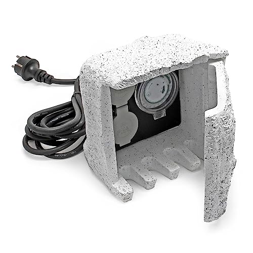 2-fach Gartensteckdose Außensteckdose Kunstharz Zeitschaltuhr IP44 Outdoor Steinoptik 5m Kabel von Wiltec