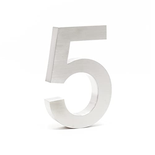 Wiltec Hausnummer 5 silberfarbene Edelstahl Hausnummer in modernem 3D-Design, Höhe 20 cm, Schrift Arial, rostfrei und witterungsbeständig, mit Montagematerial von Wiltec