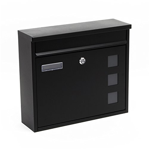Wiltec Briefkasten V12 schwarz 360 x 115 x 315 mm, Wandbriefkasten mit Schloss, Sichtfenstern und Namensschild, Postkasten aus Stahl galvanisiert von Wiltec